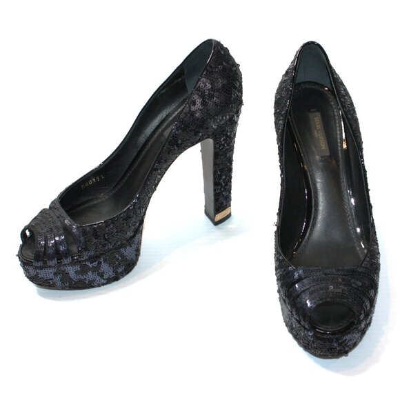 Louis Vuitton Navy Blue Sequin Peep Toe Pumps Shoes in size EU 39.5 / US 9.5 - Picture 2 of 10
